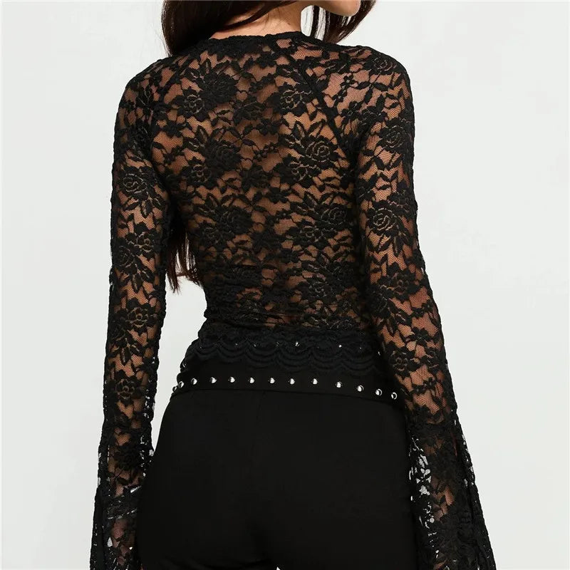 Y2K Gothic Women Sheer Lace Top Hollow Out Cutout Chest Long Flare Sleeve Scallop Trim Slim Fit See Through Mesh Blouse