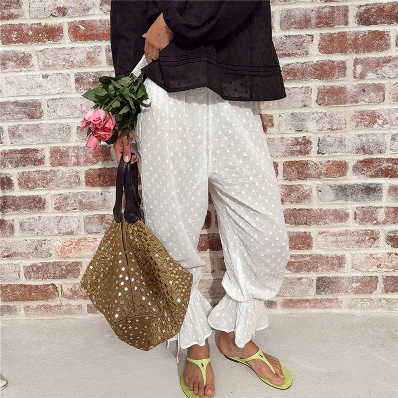 Women Swiss Dot Harem Pants Elastic Waist Ruffle Cuff Drawstring Hem Loose Bohemian Casual Holiday Beach Trousers