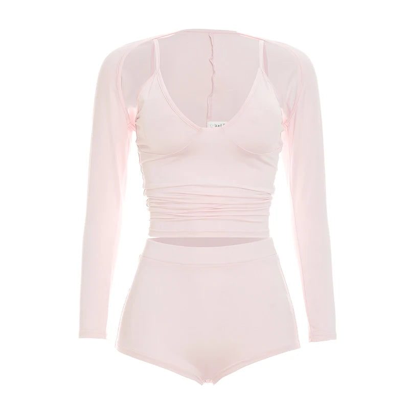 Trend 3 Piece Set Women Fashion Low-Neck Backless Camisole+Bike Shorts+Full Sleeve Jacket Simple Street Sport Suits