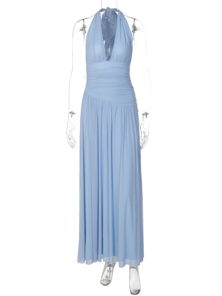 Women Halter Deep V Neck Sexy Maxi Dress Sleeveless Backless Long Dress Waist Wrap Ruched Flowy Party Evening Dresses