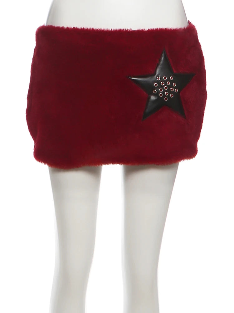 Peach Hip Furry SkirtS Women Autumn Trend Rivet Star Leather Patchwork Midnight Party Clubwear Fashion Hottie Bottoms