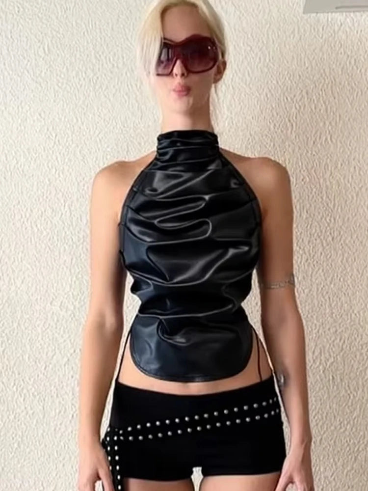 Folds PU Tank Tops Women Y2K Faux Leather Sleeveless Bandage Backless Halter Hip Hop Style Hottie Sexy Midnight Tops