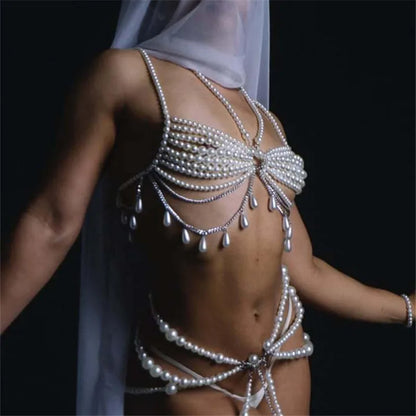 Pearl Chain Bra Beaded Tassel Halter Camisole Body Chain Luxury Jewelry for Women Rave Nightclub Party Outfit