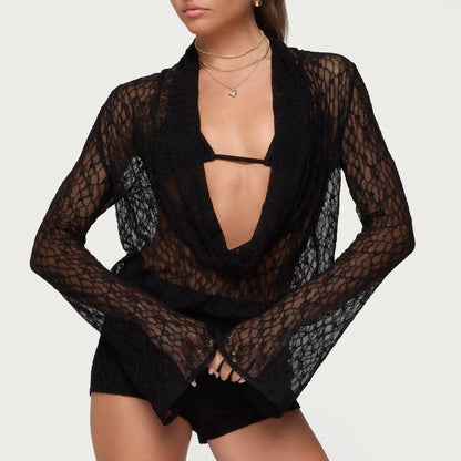 Sexy Women Lace Tops with Bra 2 Piece Set See Through Long Flare Sleeve Low Cut Tops and Bra Outfit Party Clubwear