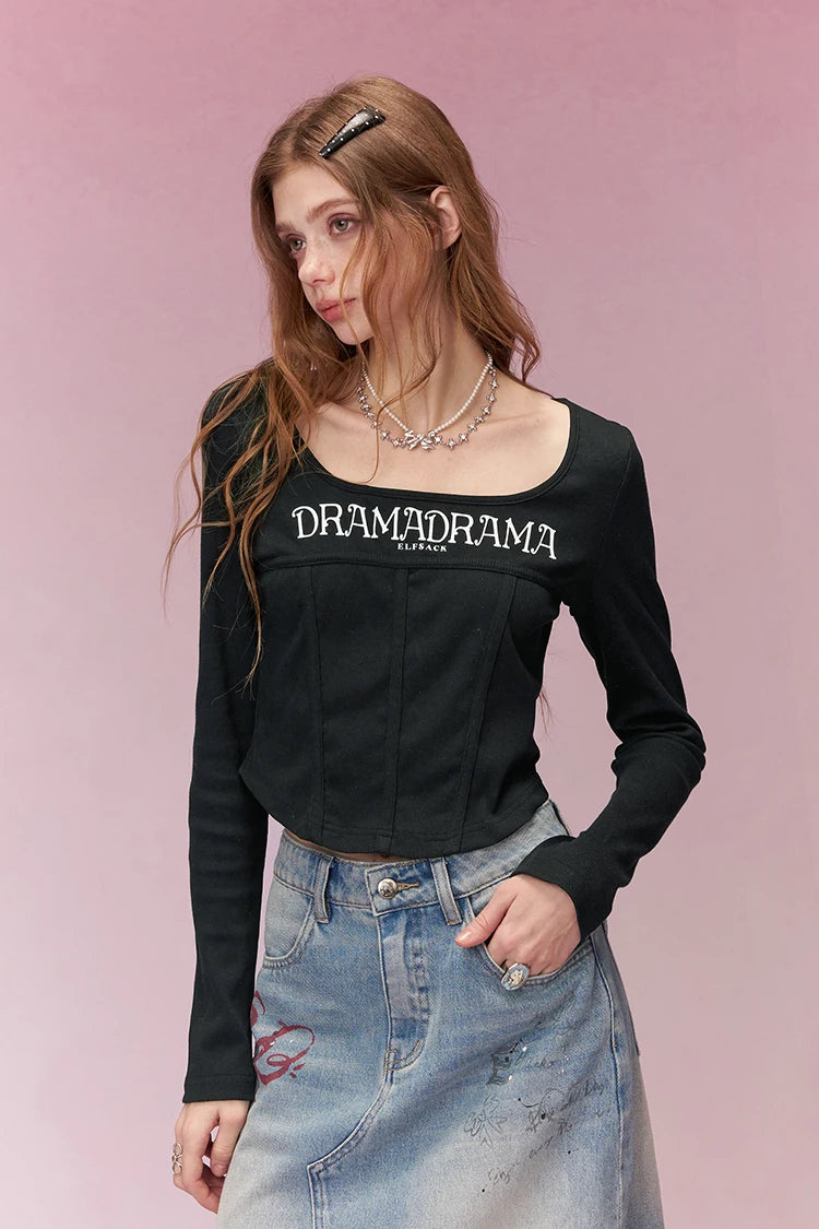 Cropped Long-Sleeve T-shirt with Letter Print, Y2K U-Neck Streetwear Tops for Women, Fashion Casual Tee for Daily Outfit