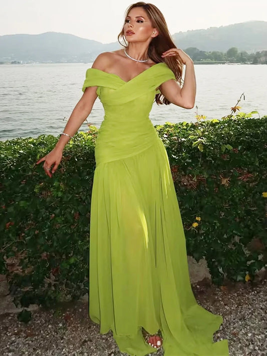 Shirring Dress Women Cross Slash Neck Elegant Patchwork Mesh Folds Stretchy Birthday Prom Evening Party Slim Vestidos