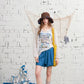 Lace Knit Sheer Long Sleeve Top, V-Neck Sailboat Print Blouse