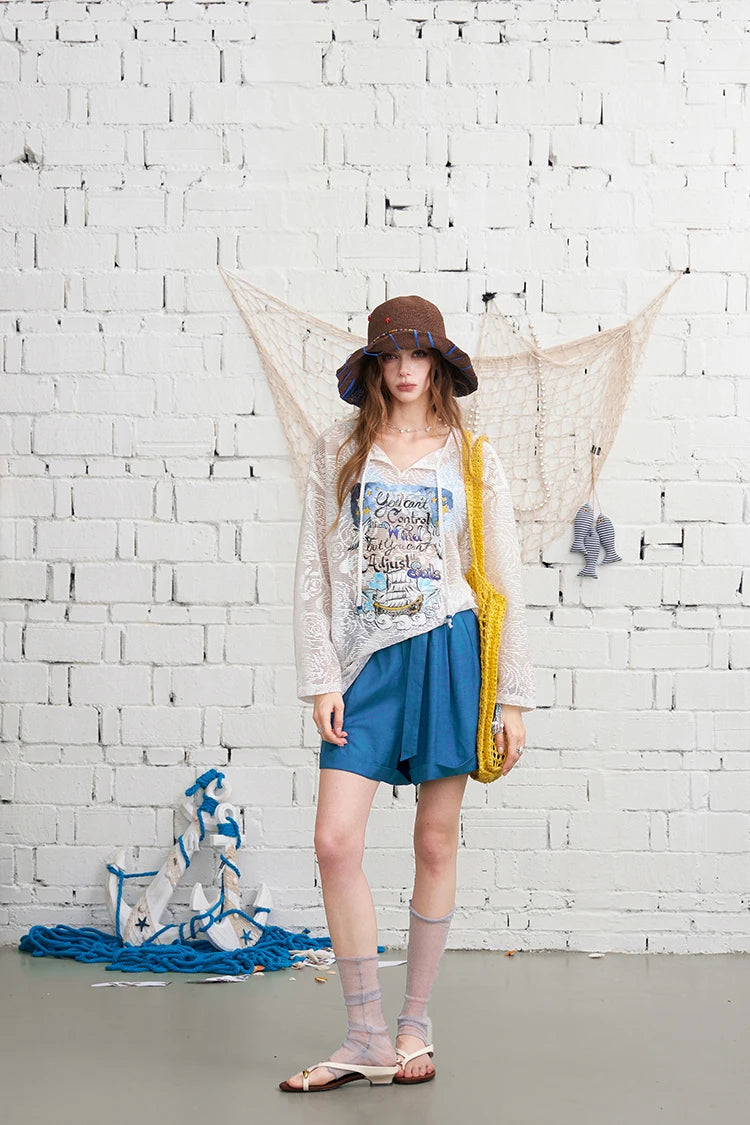 Lace Knit Sheer Long Sleeve Top, V-Neck Sailboat Print Blouse
