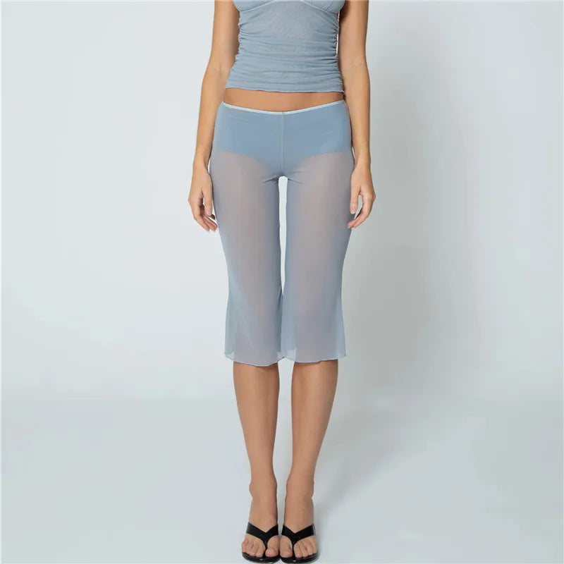 hirigin Sheer Mesh Flare Capri Pants Women High Waist See Through Mid Calf Trousers Sheer Pants For Beach Cover Up Daily Wear