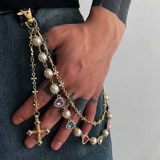 Punk Luxury Rhinestone Love Heart Keychain Wallet Belt Chain Men Hip Hop Cross Jesus Pendant Jeans Pant Chain Jewelry