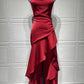 Satin Spaghetti Strap Ruffle Sexy Maxi Dress Women Off-shoulder Sleeveless Backless Thigh High Split Club Party Dress
