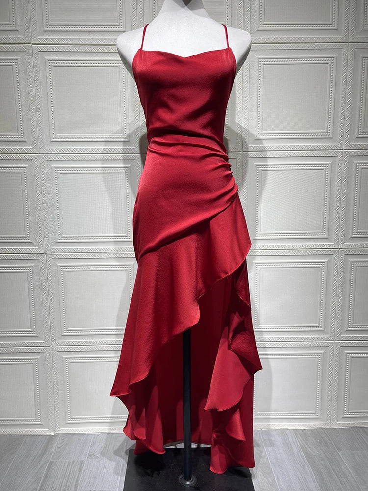 Satin Spaghetti Strap Ruffle Sexy Maxi Dress Women Off-shoulder Sleeveless Backless Thigh High Split Club Party Dress