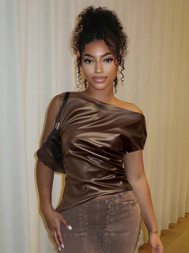 Faux Leather Tank Top Women Solid Slanted Collar Zip Ruched Slanted Hem Skinny Midnight Street Club Basic Wild Vest