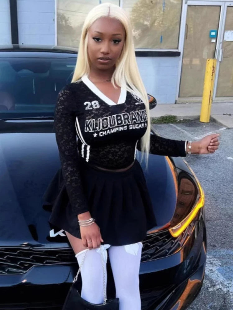 Women Summer Matching 2 Piece Set Y2K Mesh Jacquard Hipster Fashion Crop Tops+Puffy Skirt Matching Vacation Clubwear