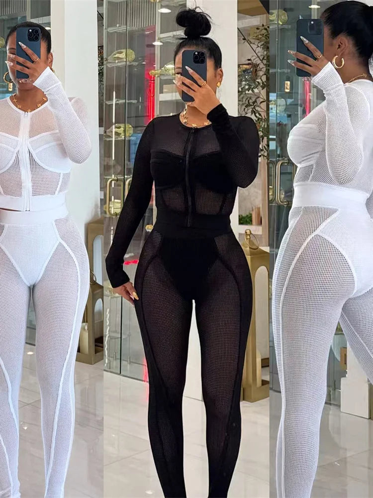 Sexy Patchwork Mesh 2-Piece Set Women Zip O-Neck Long Sleeve Crop Tops+Pants Stretch Matching Midnight Autumn Outfits