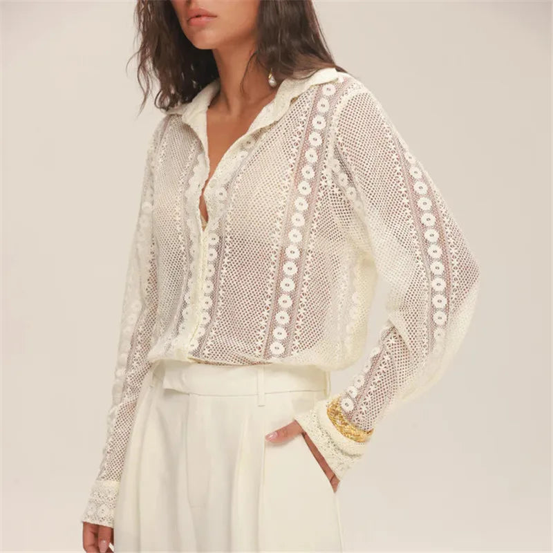 Vintage Long Sleeve Blouses Summer Casual Elegant Ladies Blusas Boho Beach Hollow Out Lace Blouse Shirt for Women Top