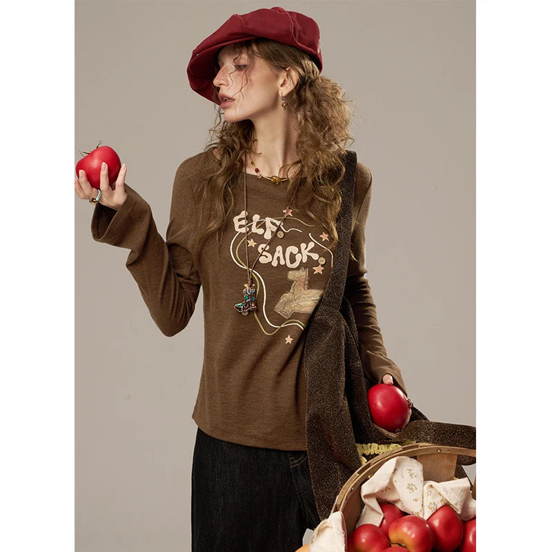 2025 Autumn New Arrivals Y2K Casual Soft Printed Round Neck Shirt For Woman