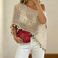 Summer Hollow Knit Coin Tassel Crop Poncho Women Off Shoulder Beach Bikini Cover Up Bohemian Vacation Layering Cape