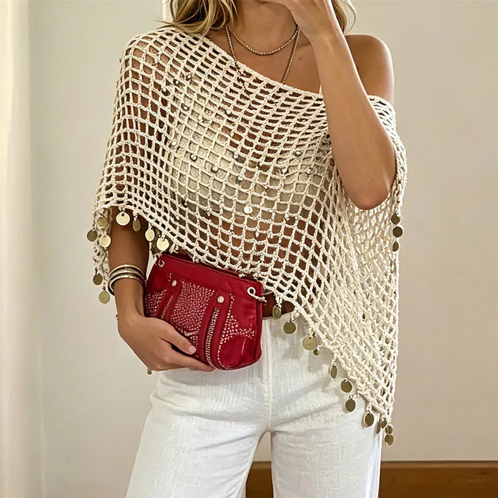 Summer Hollow Knit Coin Tassel Crop Poncho Women Off Shoulder Beach Bikini Cover Up Bohemian Vacation Layering Cape