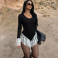 Sexy Rompers Playsuits Woman Clothes Lace Trim Long Sleeve Short Jumpsuit Sexy Black One Pieces Outfits