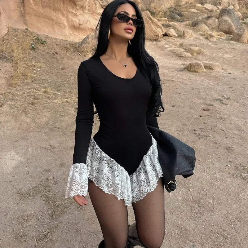 Sexy Rompers Playsuits Woman Clothes Lace Trim Long Sleeve Short Jumpsuit Sexy Black One Pieces Outfits