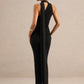 Women Halter Neck Draped Ruched Maxi Dress Sleeveless Backless Split Bodycon Evening Elegant Wedding Party Long Dress