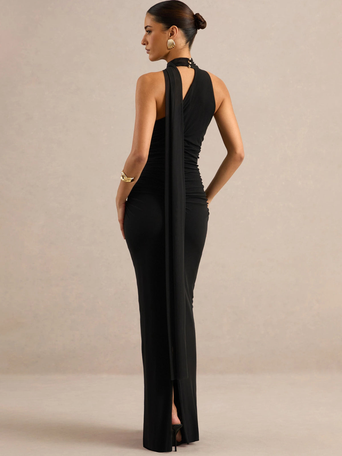 Women Halter Neck Draped Ruched Maxi Dress Sleeveless Backless Split Bodycon Evening Elegant Wedding Party Long Dress