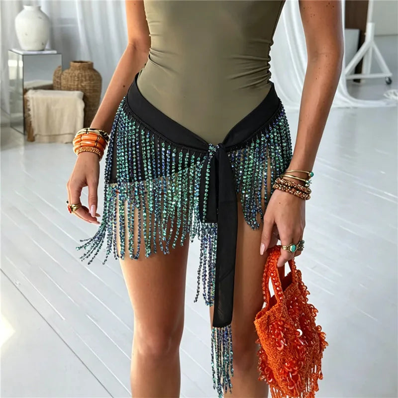 Women Festival Beaded Fringe Wrap Skirt Tie Waist Sparkly Tassel Mini Skirt Beach Swimsuit Cover Up Belly Dance Skirt
