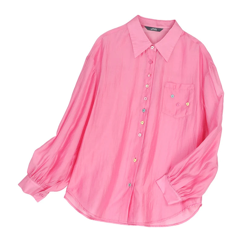 Women's Sweet Oversized Chiffon Shirt, Colorful Buttons Cake Detail Blouse, Casual Versatile Long Sleeve Top