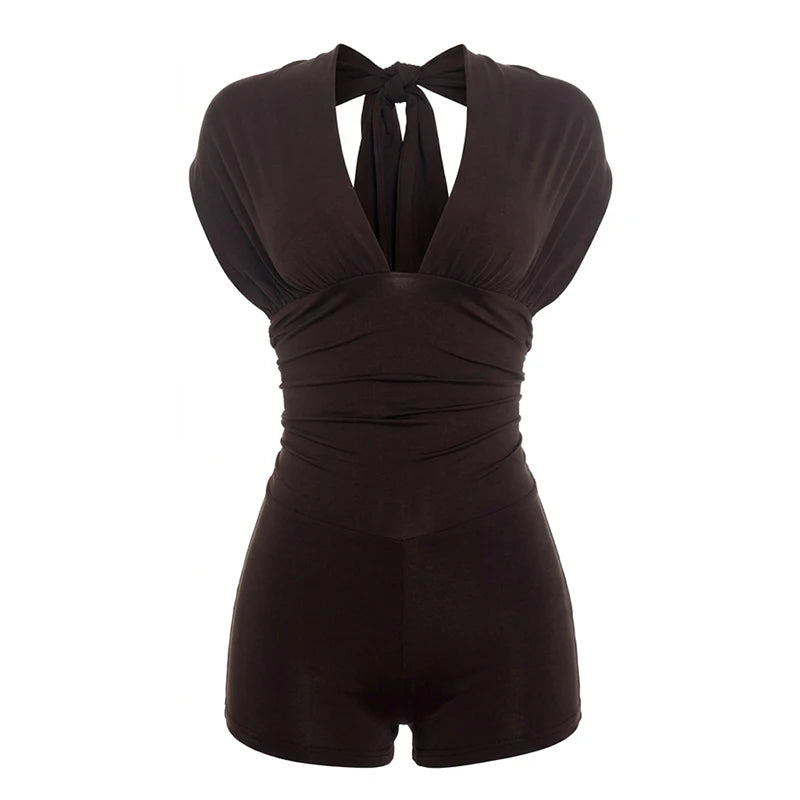 Sexy Backless Playsuits Woman Summer Trend Bandage Low-Neck Sleeveless Shape Waist High Street Fashion Style Rompers