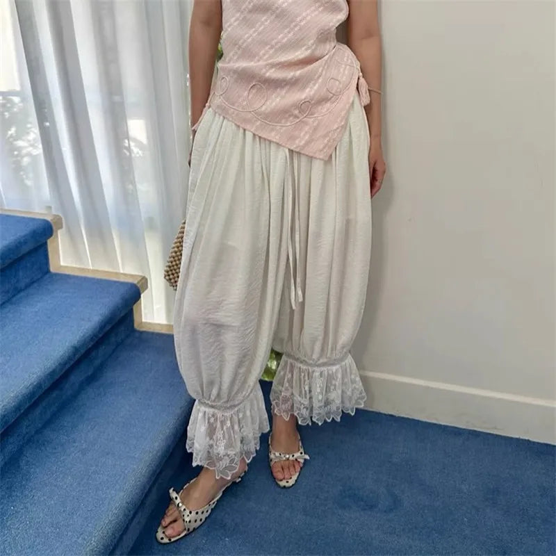 Solid Elastic Mid Rise Ruffle Pantaloons Cropped Flared Slips Pants Pajama Bottoms Women Y2K Lace Trim Hem Long Bloomers