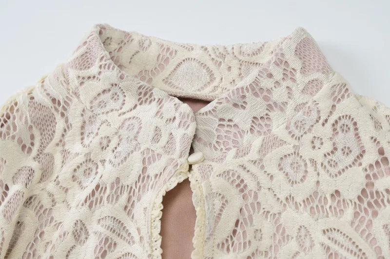 Sexy Hollow Lace Jacquard Dress for Women Clothing Spring Fashion Flared Long Sleeve Mini Dresses