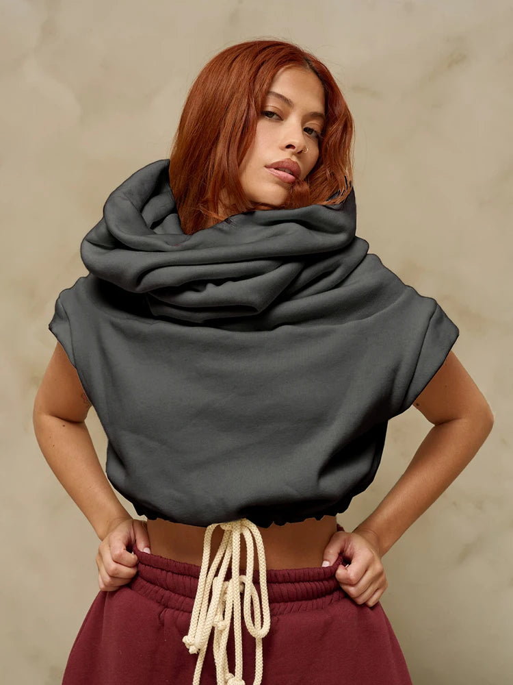 Hooded Pullover Tank Top Women Hipster Casual Simple Wild Basic Streetwear Autumn Fashion Shirring Skinny Slim Vest