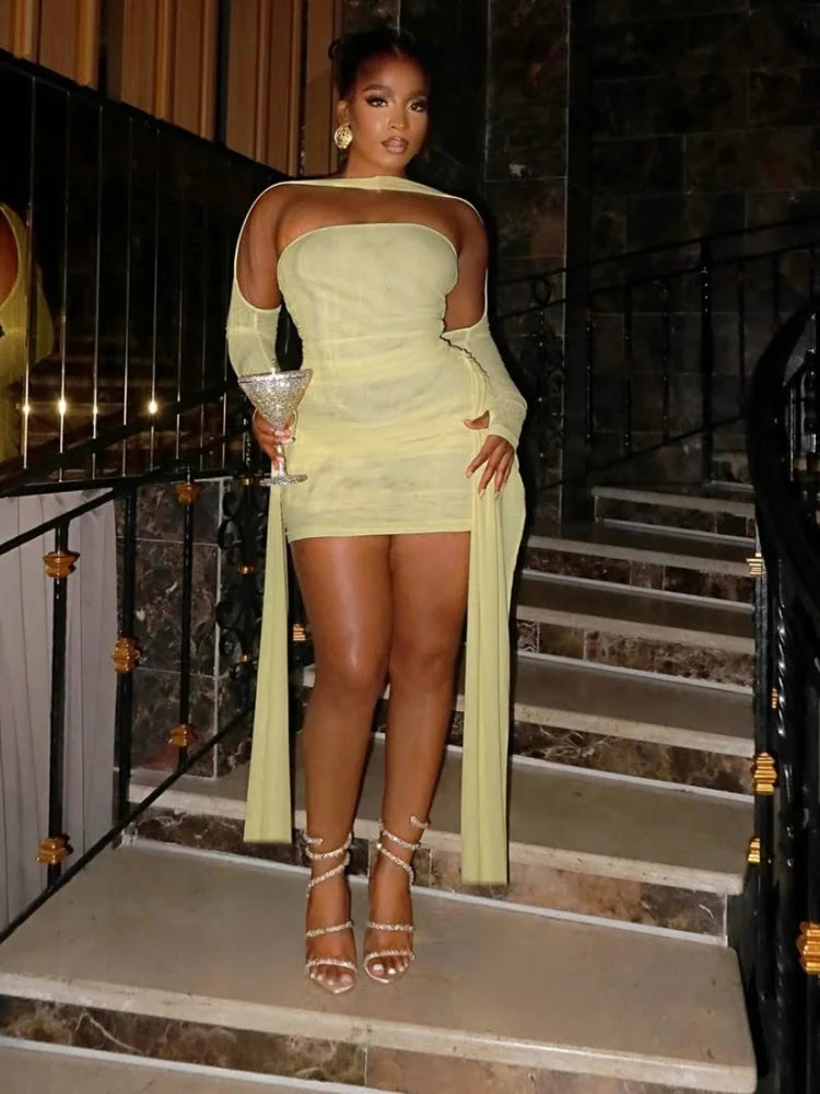 Off The Shoulder Mini Dress with Long Sleeves Sexy Mesh Sheer Birthday Party Dresses Woman Fashion 2025