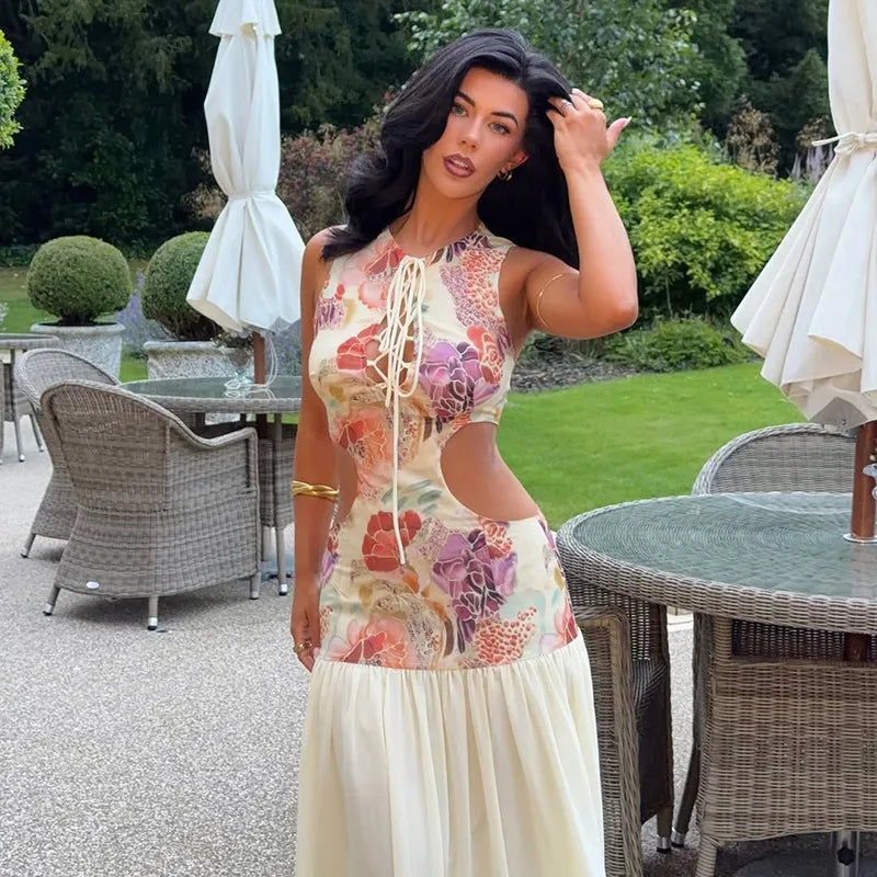 Floral Print Patchwork Sleeveless Maxi Dresses with Cut Out Elegant Party Dress Woman for Birthday Pictures