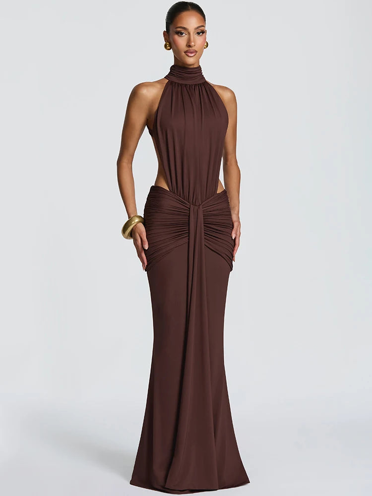 Turtleneck Backless Sexy Maxi Dress Women Gown Elegant Off-shoulder Sleeveless Ruched Bodycon Club Party Long Dress