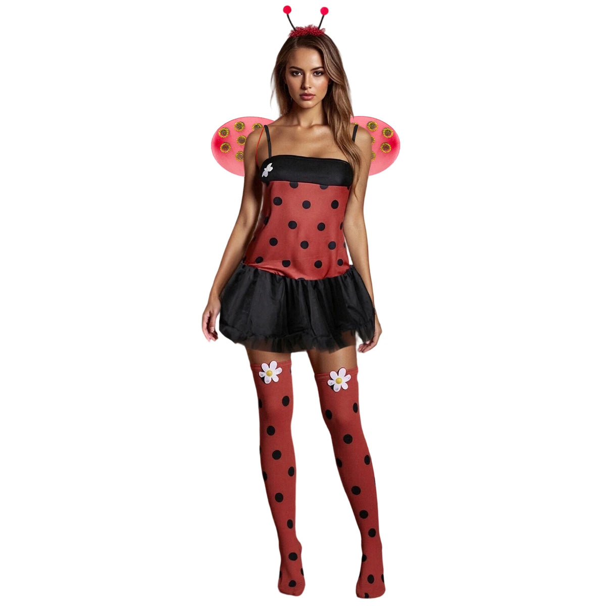 Halloween Bee Costume for Women Ladybug Cosplay Dress with Wings Headband Set Funny Adult Fairy Costumes