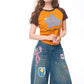 Women's Star Letter Print Raglan Sleeve Crop Tee, Side Ruched Crew Neck Slim Short Sleeve T-shirt for Daily Casual