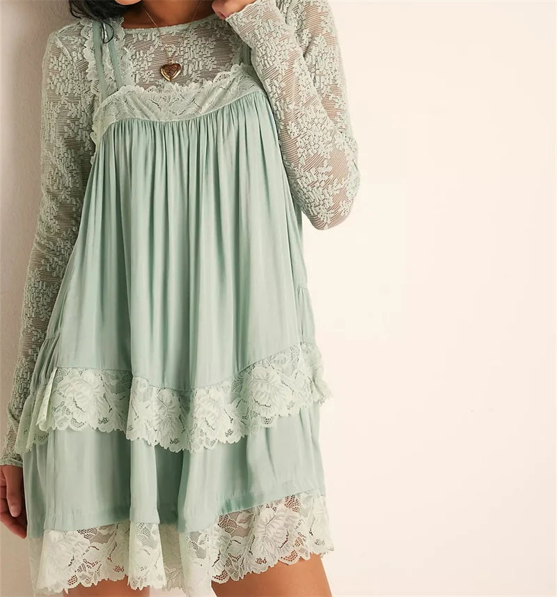 Women Lace Trim Tiered Camisole Slip Dress Loose Flowy Sleeveless Nightgown Bohemian Homewear Sleepwear Mini Dress