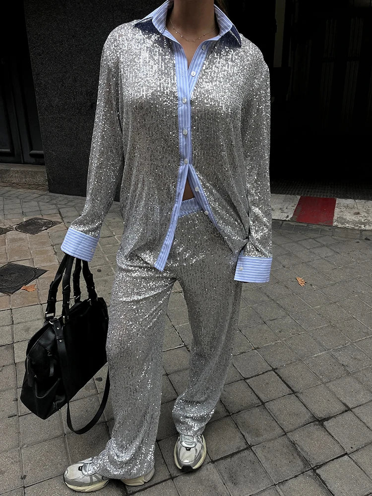 Sequin Loose Pants Two Piece Sets Women Patchwork Long Sleeve Shirt And Trouser Female Elegant Long Pants 2 Piece Sets