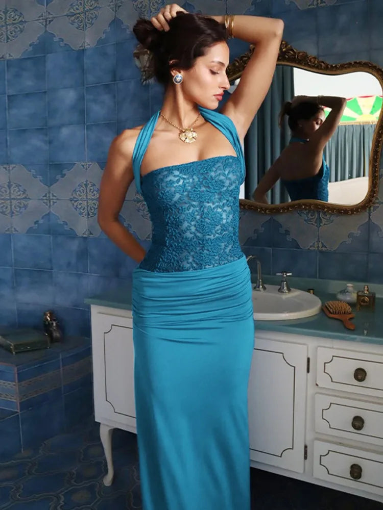 Off-shoulder Strapless Sexy Maxi Dress For Women Elegant Blue Sleeveless Backless Lace Patchwork Bodycon Long Dress