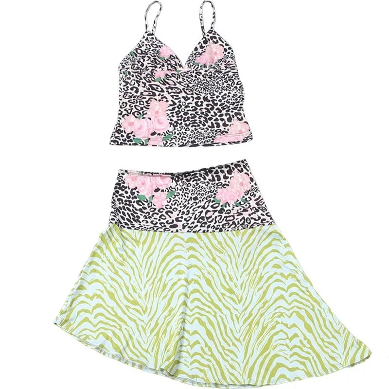 Women's Matching Sets Leopard Print Cropped Camisole Top and Irregular Skirt Two Piece Set Sexy Womens Outfit