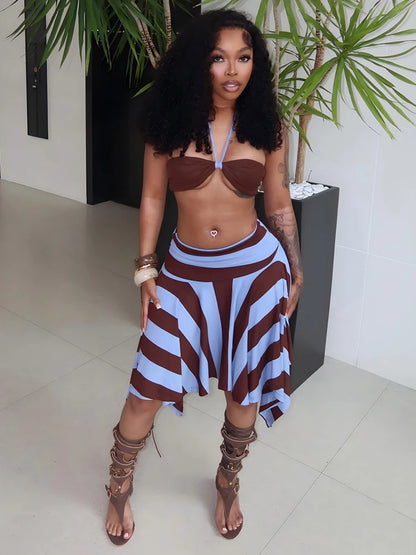 Sexy Fashion 2 Piece Set Woman Halter Long Rope+Skinny Tube Tops+Stripe Patchwork Mid Skirts Beach Party Style Suits