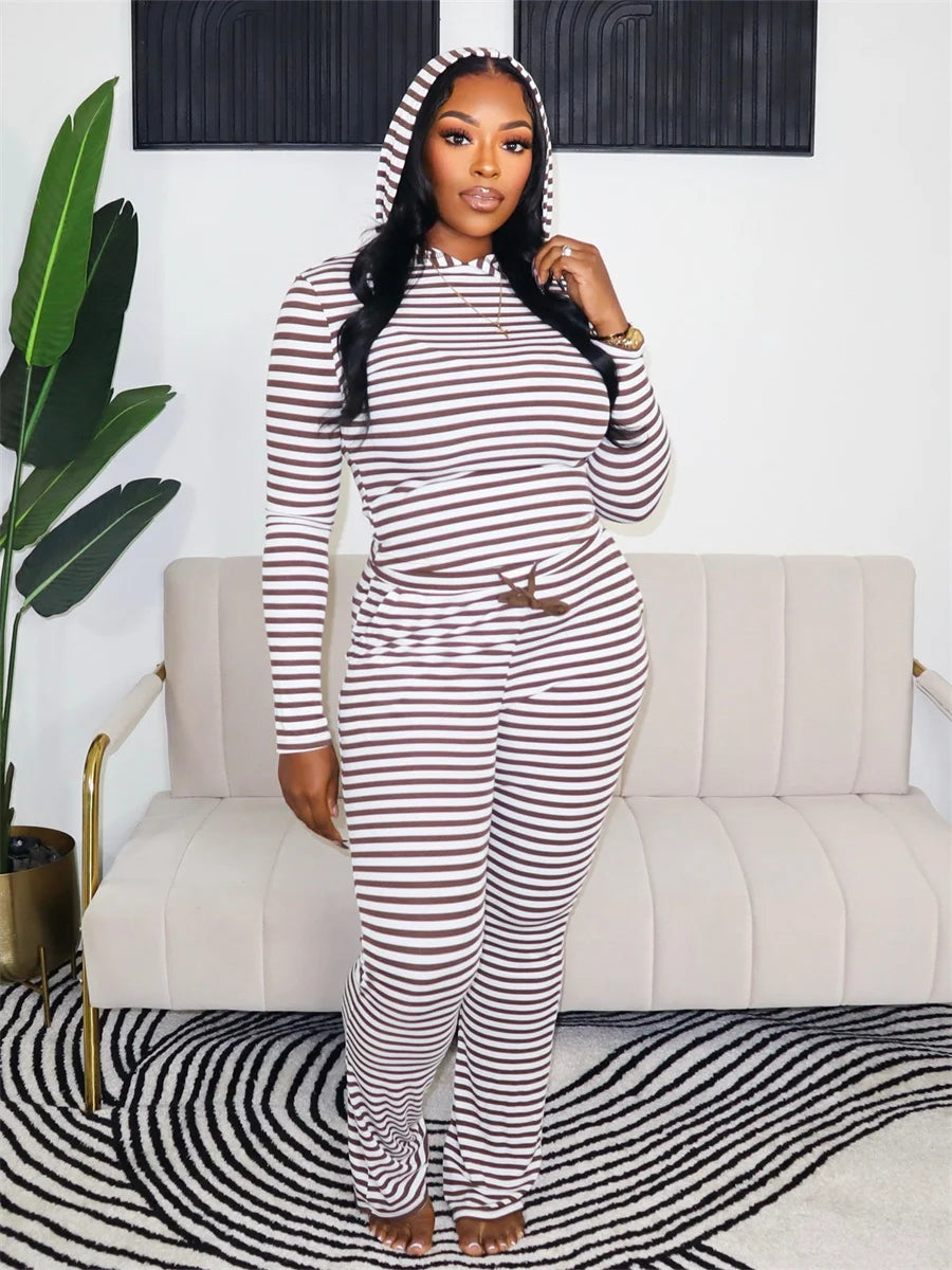 Striped Print 2 Piece Set Women Trend Hooded Full Sleeve T-Shirt+Drawstring Pants Fashion Casuals Street Sporty Suits