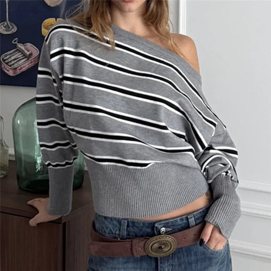 Vintage Stripe Asymmetrical One Shoulder Knit Top Women Batwing Sleeve Ribbed Hem Cropped Sweater Winter Fall Streetwear