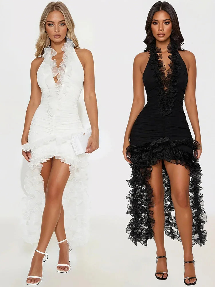 Sexy Deep V-Neck Dress Women Halter Backless Irregular Mesh Ruffles Tassel Patchwork Hem Birthday Party Solid Bodycon