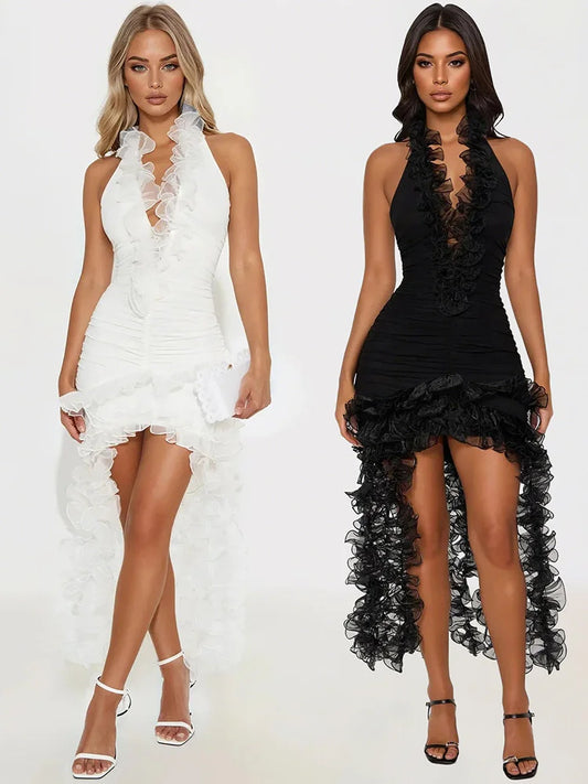 Sexy Deep V-Neck Dress Women Halter Backless Irregular Mesh Ruffles Tassel Patchwork Hem Birthday Party Solid Bodycon