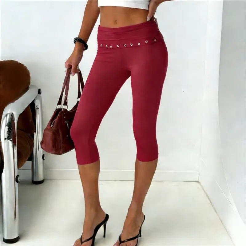 Low Rise Fold Over Studded Detail Skinny Pants Women Eyelet Waistband Capri Leggings Y2K Aesthetic Punk Streetwear