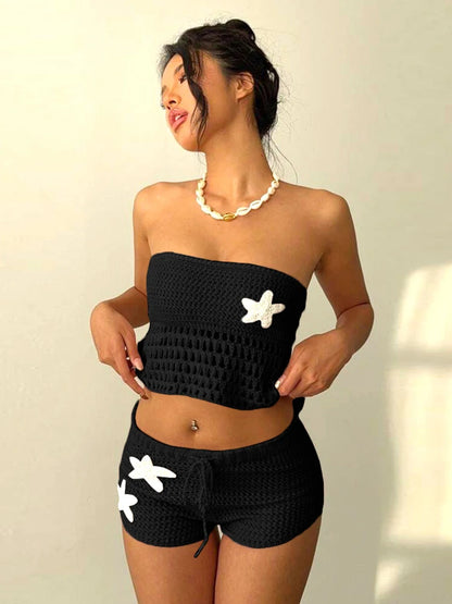 Crochet Women 2 Piece Set Sexy Applique Hollow Beach Back Bandage Strapless Tops+Shorts Midnight Vacation Clubwear