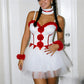 Women Halloween Clown Cosplay Costume Pom Pom Tulle Tutu Mini Dress With Choker Wrist Cuffs Carnival Party Fancy Outfit